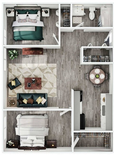 Floor plan for 2 beds, 1 bath, 678 sqft